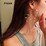 Geometric Tassel Earrings Silver Rhinestones Hoop Statement Jewelry