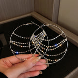 Geometric Tassel Earrings Silver Rhinestones Hoop Statement Jewelry