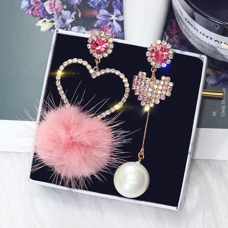 Pink Crystal Love Heart Dangle Earrings for Women