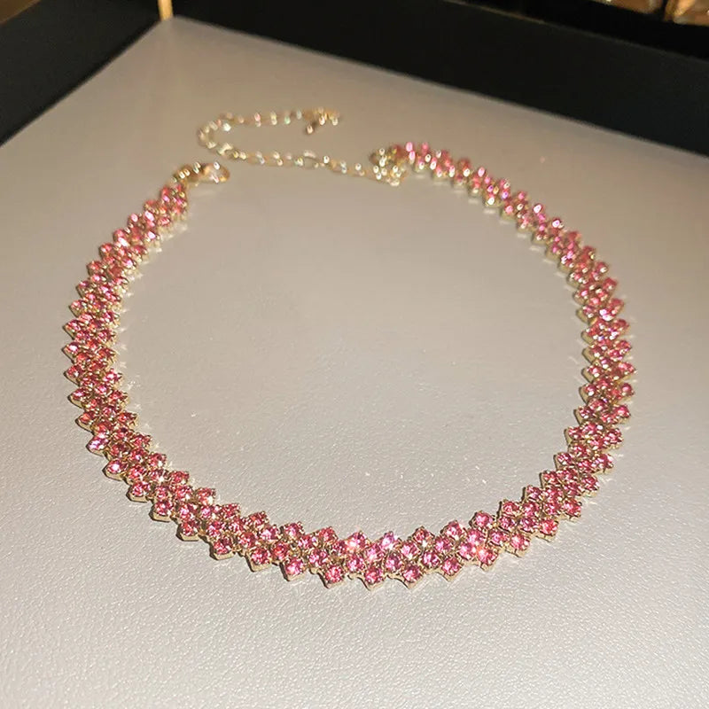 Pink Purple Rhinestone Choker Necklaces Geometric Crystal Necklaces