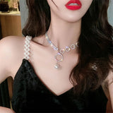Circle Rhinestone Choker Necklace for Women Pearl Pendant Wedding Party