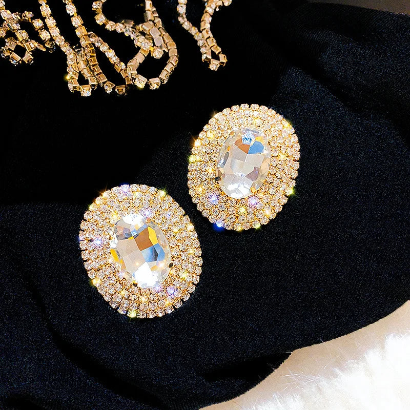 Full Rhinestones Stud Earrings for Women Oversize Round Crystal Earrings