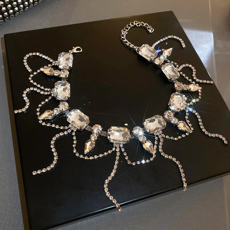Geometric Square Crystal Choker Necklace with Tassel