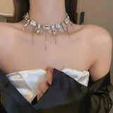 Square Crystal Choker Tassel Necklace for Women