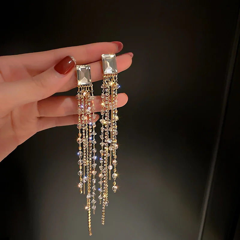 Square Crystal Tassel Earrings for Women Long Dangle Statement Jewelry