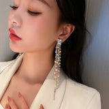 Square Crystal Tassel Earrings for Women Long Dangle Statement Jewelry