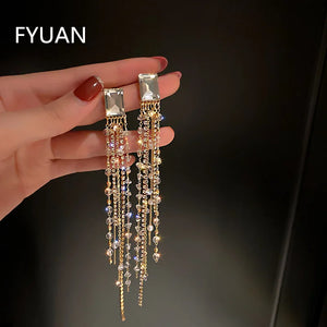 Square Crystal Tassel Earrings for Women Long Dangle Statement Jewelry