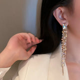 Square Crystal Tassel Earrings for Women Long Dangle Statement Jewelry