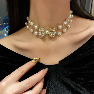 Golden Bowknot Rhinestone Choker Necklace for Women