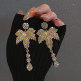 Golden Leaf Crystal Dangle Earrings for Women Long Tassel Geometric Earrings