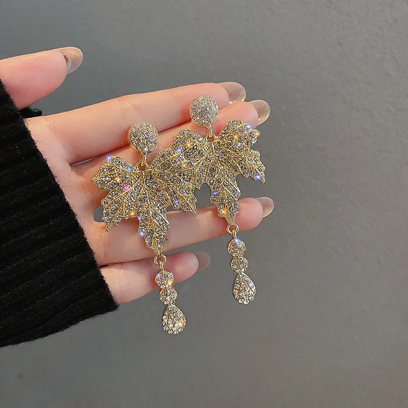 Golden Leaf Crystal Dangle Earrings for Women Long Tassel Geometric Earrings