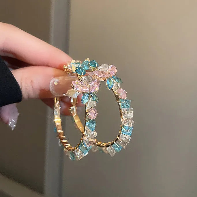 Colorful Crystal Stone Hoop Earrings Pink Butterfly Earrings