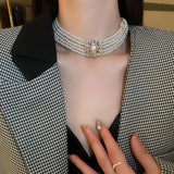 Multilayer Pearl Choker Necklace for Women Crystal Zircon Flowers Jewelry