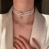 Crystal Flower Choker Necklace with Tassel Pendant