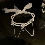 Crystal Flower Choker Necklace with Tassel Pendant