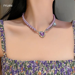 Purple Pearl Crystal Choker Necklace for Women