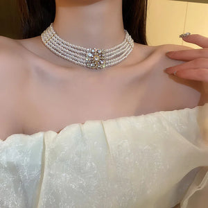 Multilayer Pearl Choker Necklace Crystal Zircon Bridal Jewelry