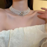 Multilayer Pearl Choker Necklace Crystal Zircon Bridal Jewelry
