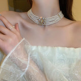 Multilayer Pearl Choker Necklace Crystal Zircon Bridal Jewelry