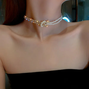 Pearl Crystal Choker Necklace Women Rhinestone Statement Jewelry