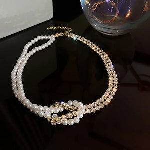 Pearl Crystal Choker Necklace for Women Rhinestone Statement Jewelry