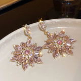 Pink Crystal Flowers Drop Earrings for Women Girls