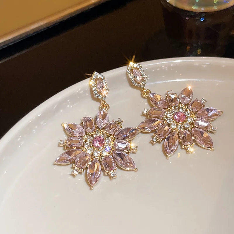 Pink Crystal Flowers Drop Earrings for Women Girls