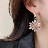 Pink Crystal Flowers Drop Earrings for Women Girls