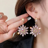 Pink Crystal Flowers Drop Earrings for Women Girls