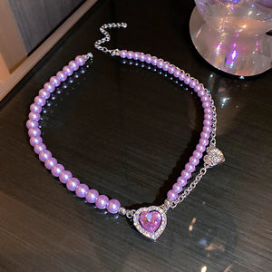 Purple Heart Crystal Choker Necklace Party Jewelry
