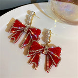Red Bowknot Dangle Earrings with Pearls & Rhinestones