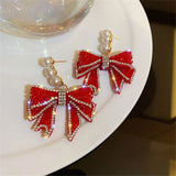 Red Bowknot Dangle Earrings with Pearls & Rhinestones