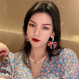 Red Bowknot Dangle Earrings with Pearls & Rhinestones