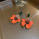 Orange Enamel Flowers Drop Earrings Green Crystal Dangle Earrings