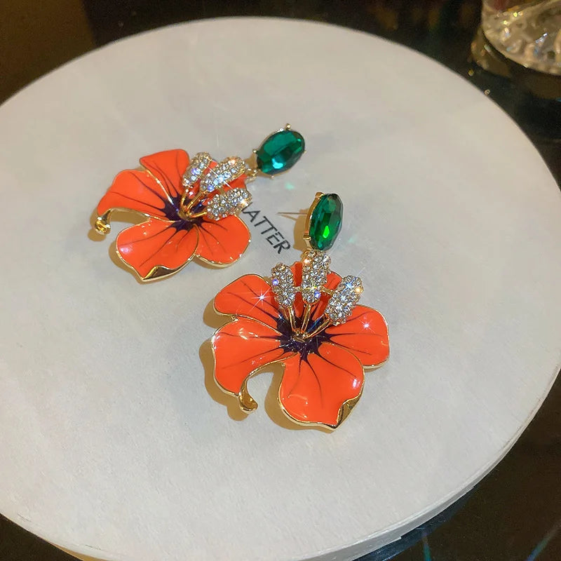Orange Enamel Flowers Drop Earrings Green Crystal Dangle Earrings