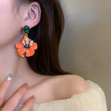 Orange Enamel Flowers Drop Earrings Green Crystal Dangle Earrings