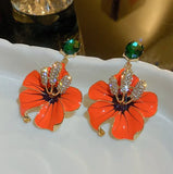 Orange Enamel Flowers Drop Earrings Green Crystal Dangle Earrings