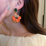 Orange Enamel Flowers Drop Earrings Green Crystal Dangle Earrings