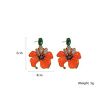 Orange Enamel Flowers Drop Earrings Green Crystal Dangle Earrings