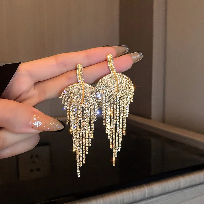 Long Tassel Rhinestone Drop Earrings Golden Leaf Dangle Earrings