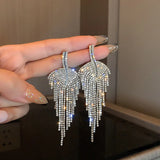 Long Tassel Rhinestone Drop Earrings Golden Leaf Dangle Earrings