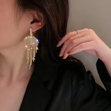 Long Tassel Rhinestone Drop Earrings Golden Leaf Dangle Earrings