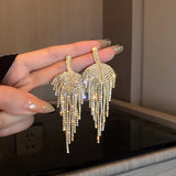 Long Tassel Rhinestone Drop Earrings Golden Leaf Dangle Earrings