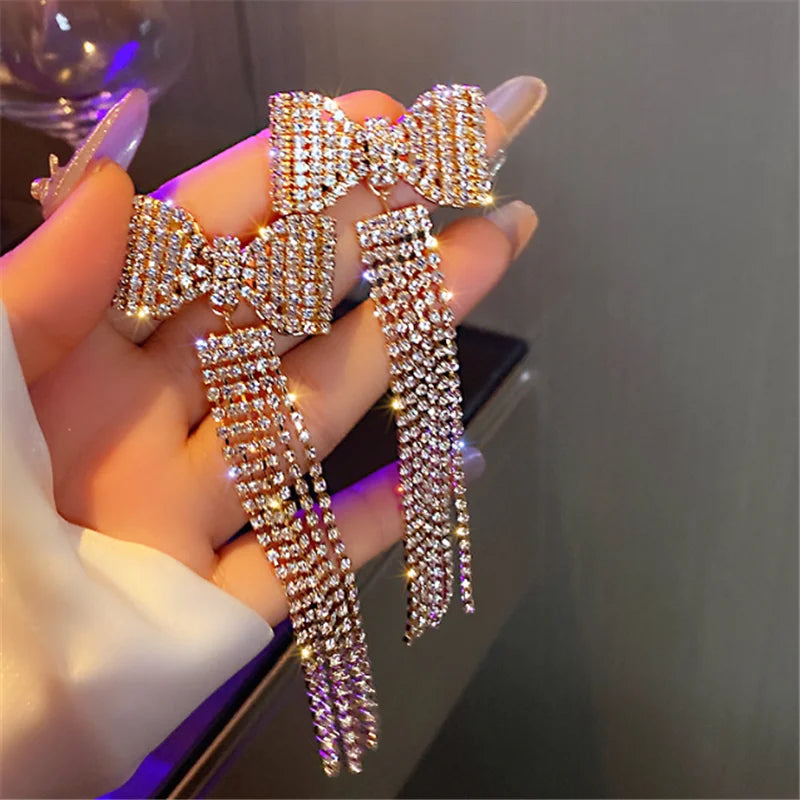 Tassel Rhinestone Drop Earrings Bowknot Crystal Dangle Jewelry