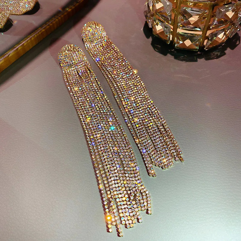 Long Tassel Rhinestone Drop Earrings Crystal Dangle Jewelry