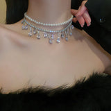 Pearl Choker Necklace with Tassel and Zircon Crystal Water Drop