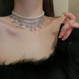 Pearl Choker Necklace with Tassel and Zircon Crystal Water Drop