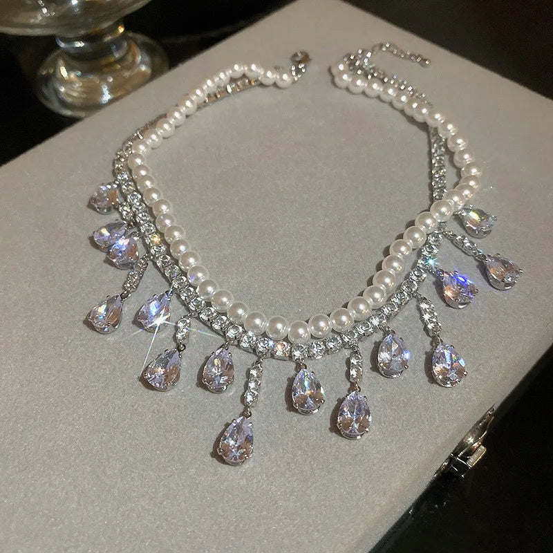 Pearl Choker Necklace with Tassel and Zircon Crystal Water Drop