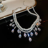 Pearl Choker Necklace with Tassel and Zircon Crystal Water Drop