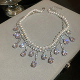 Pearl Choker Necklace with Tassel and Zircon Crystal Water Drop